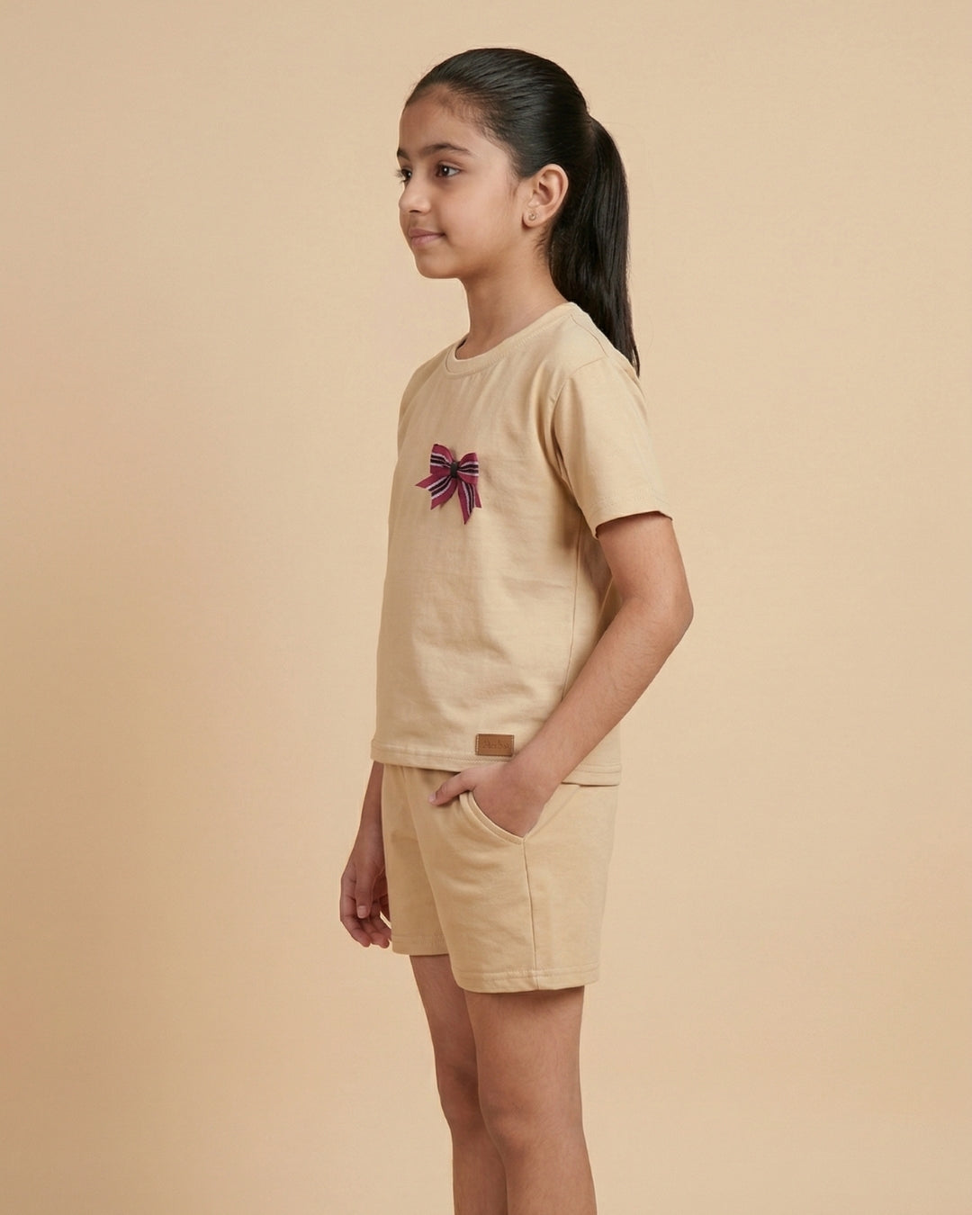 Playful Typographic Beige Cotton Sinker T-Shirt & Shorts Set for Girls