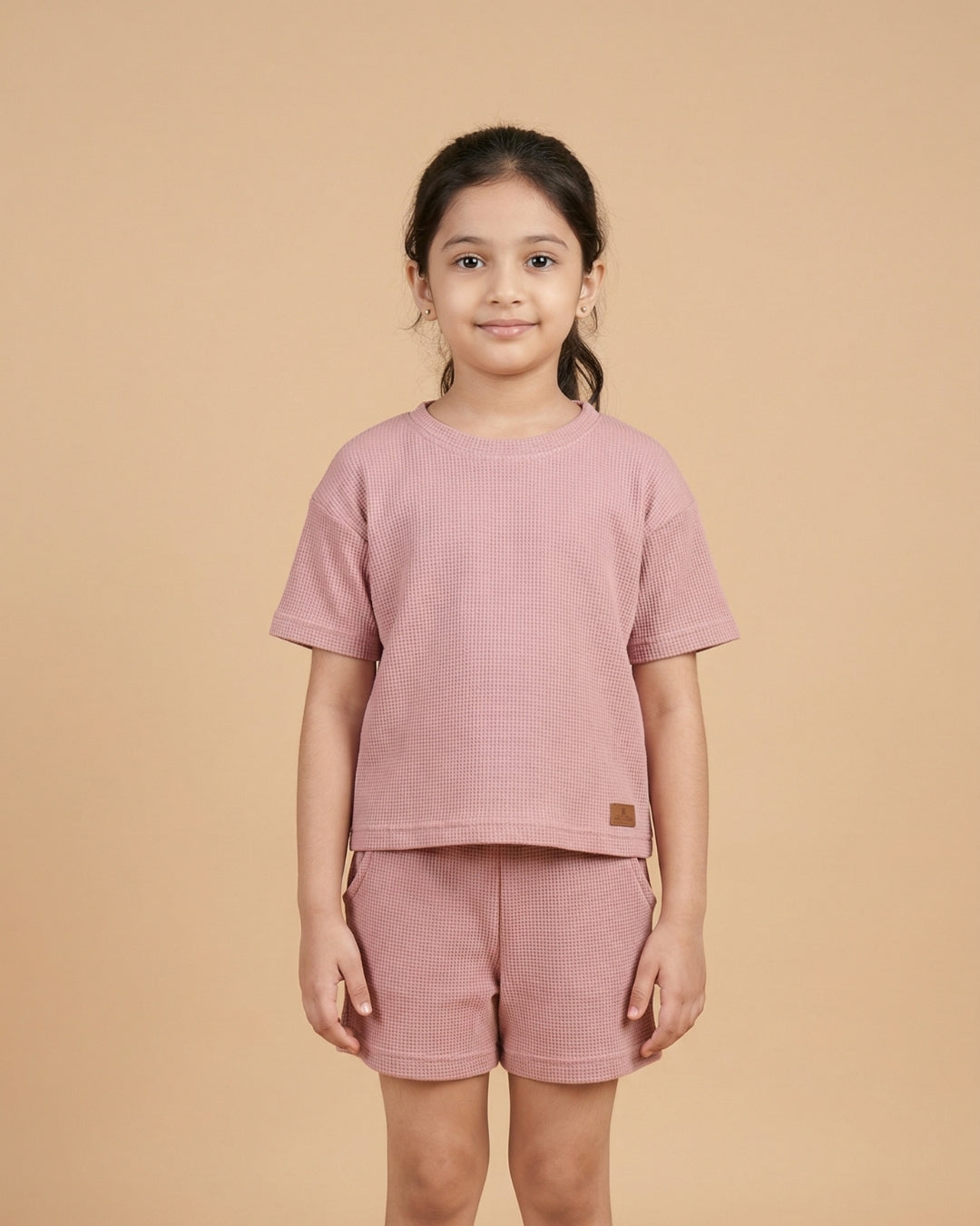 Solid Pink Cotton Waffle T-Shirt & Shorts Set for Girls
