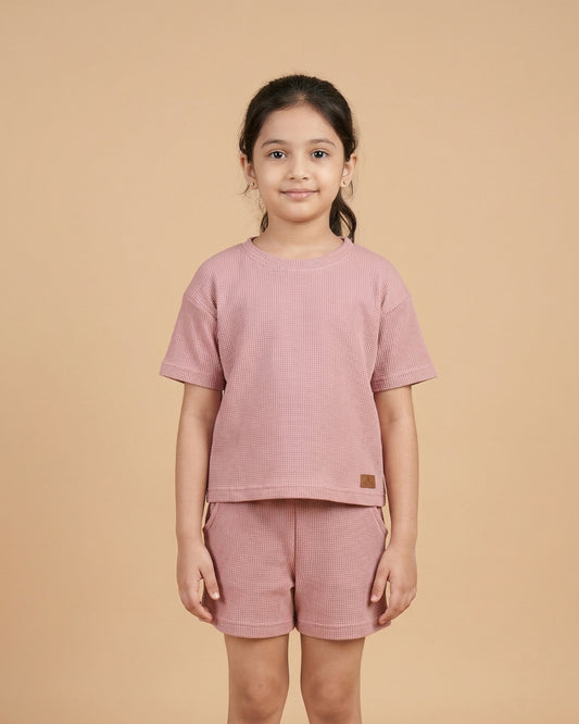 Solid Pink Cotton Waffle T-Shirt & Shorts Set for Girls