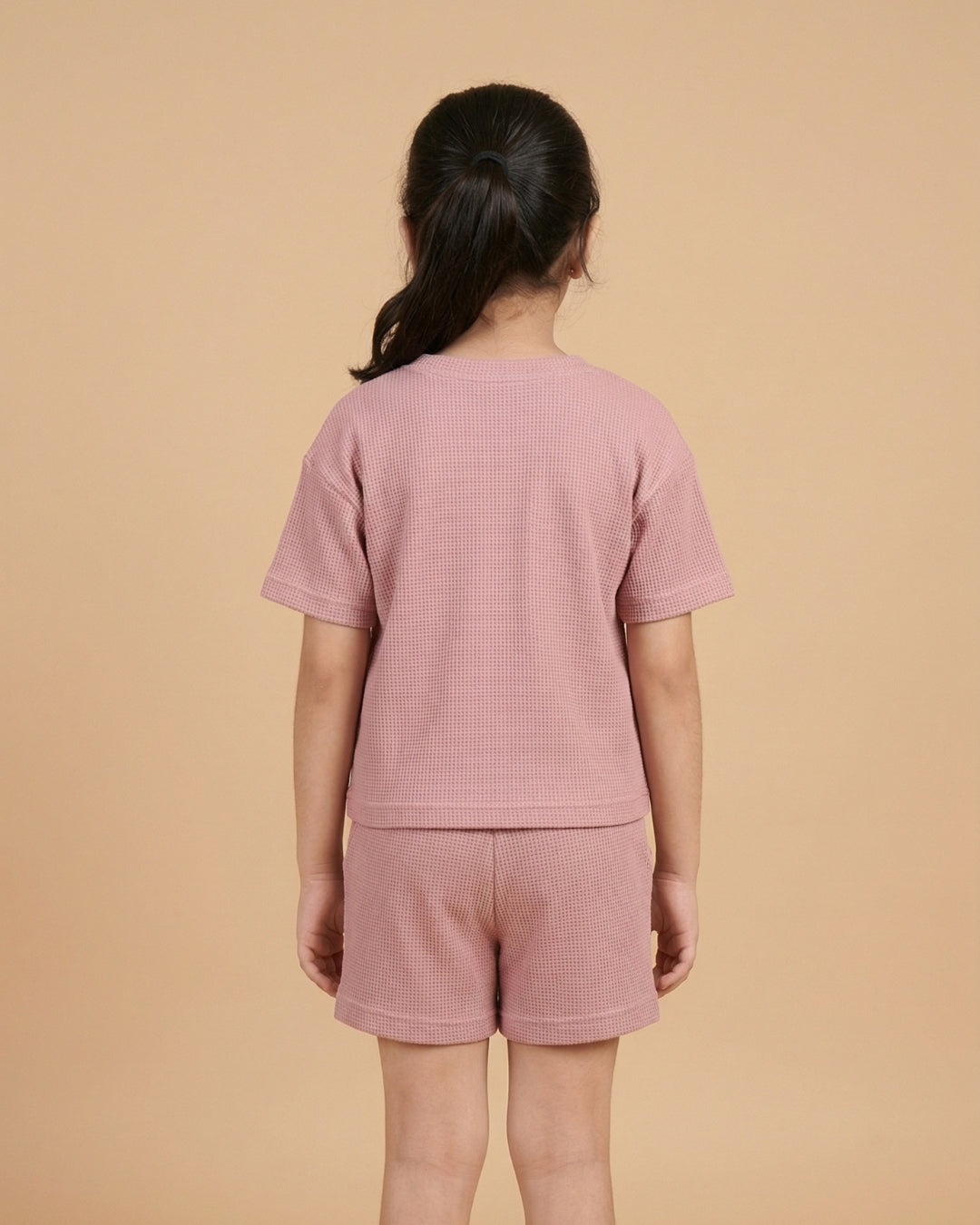 Solid Pink Cotton Waffle T-Shirt & Shorts Set for Girls
