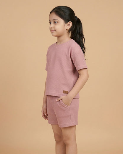 Solid Pink Cotton Waffle T-Shirt & Shorts Set for Girls