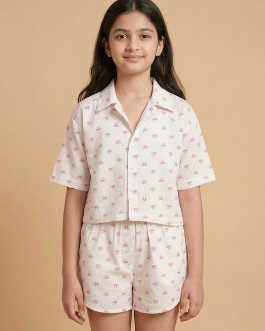 Off White Cotton Double Cloth Heart Print Co Ord Set for Girls