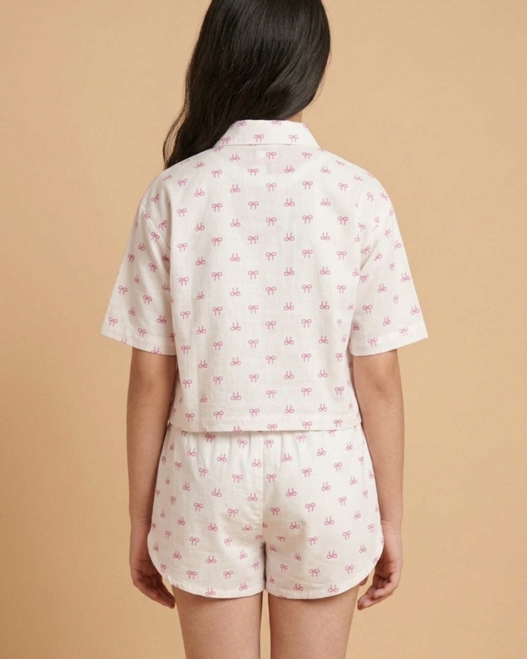 Off White Cotton Double Cloth Heart Print Co Ord Set for Girls