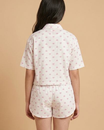 Off White Cotton Double Cloth Heart Print Co Ord Set for Girls