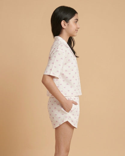 Off White Cotton Double Cloth Heart Print Co Ord Set for Girls
