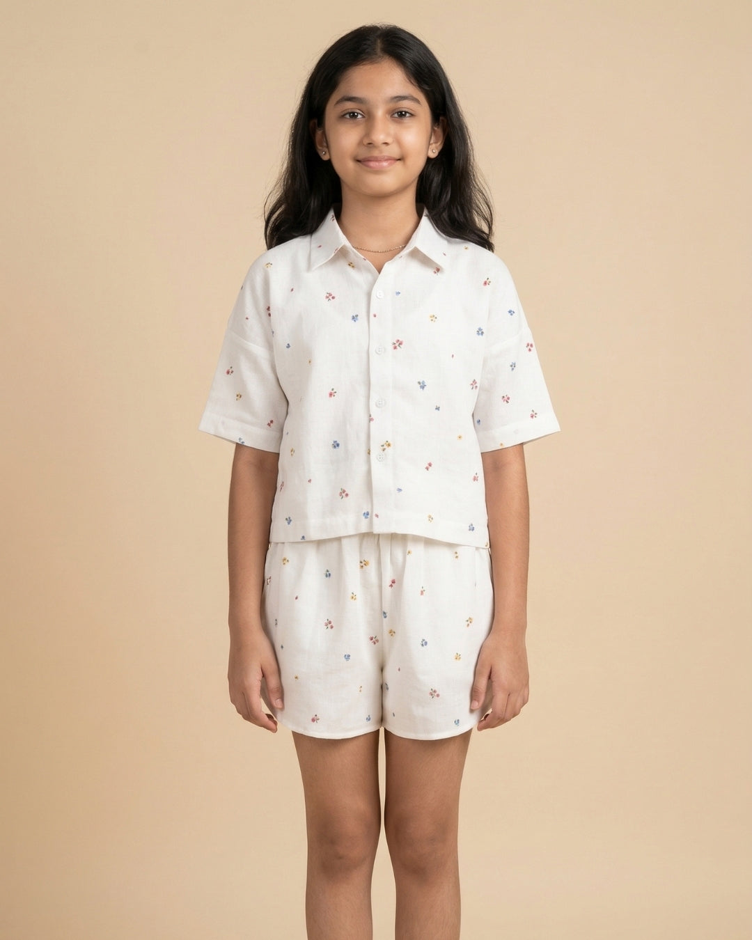 Off White Cotton Double Cloth Floral Print Co Ord Set for Girls