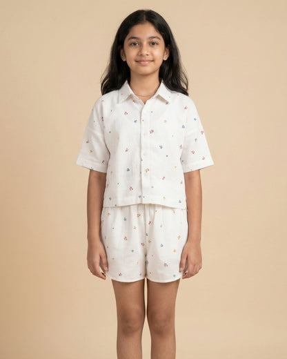 Off White Cotton Double Cloth Floral Print Co Ord Set for Girls