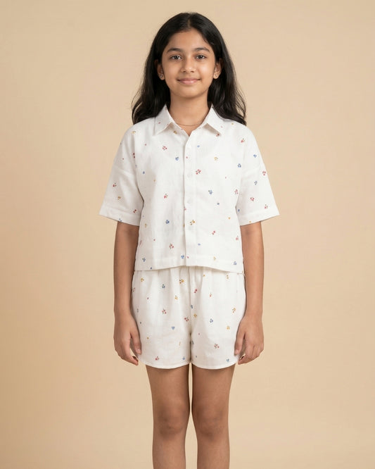 Off White Cotton Double Cloth Floral Print Co Ord Set for Girls