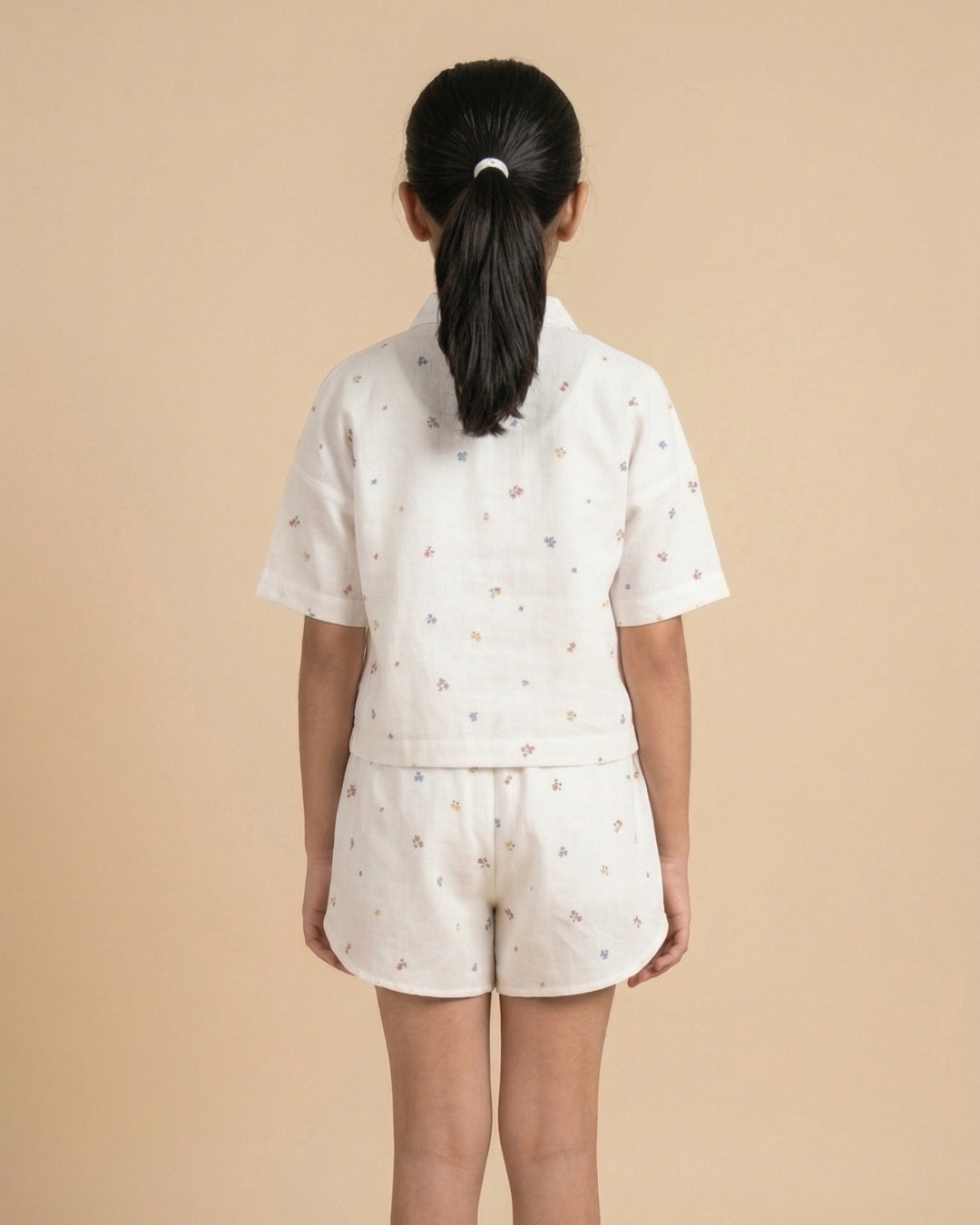 Off White Cotton Double Cloth Floral Print Co Ord Set for Girls