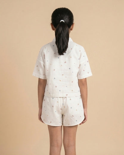 Off White Cotton Double Cloth Floral Print Co Ord Set for Girls
