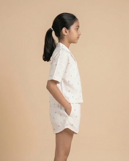 Off White Cotton Double Cloth Floral Print Co Ord Set for Girls
