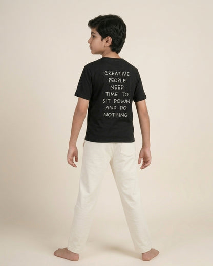 Black Premium Cotton Typographic Printed T-Shirt with Off-White Pyjama for Boys