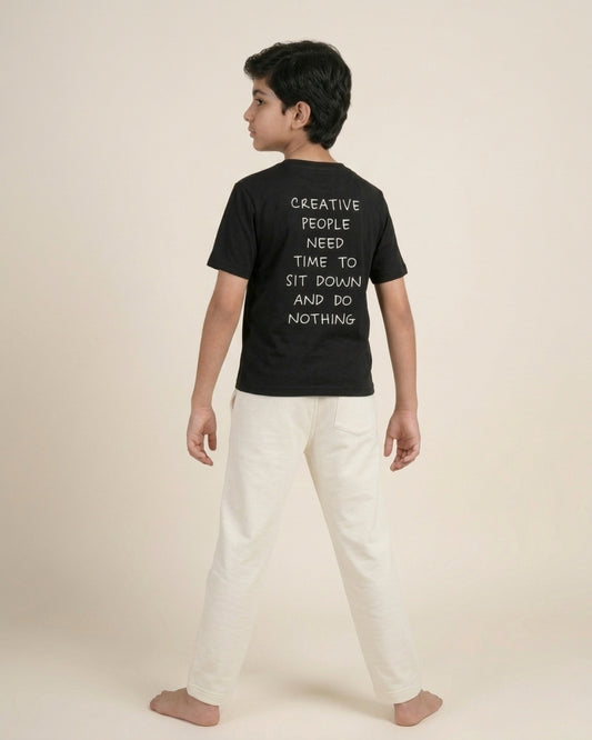 Black Premium Cotton Typographic Printed T-Shirt with Off-White Pyjama for Boys