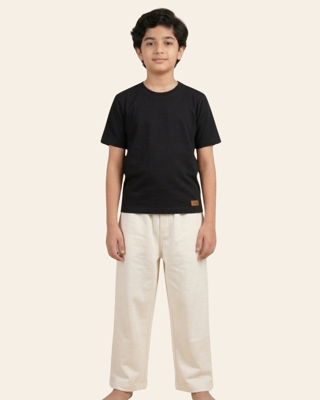 Black Premium Cotton Typographic Printed T-Shirt with Off-White Pyjama for Boys