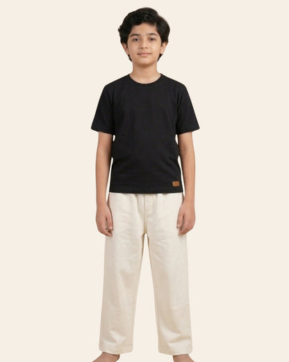 Black Premium Cotton Typographic Printed T-Shirt with Off-White Pyjama for Boys