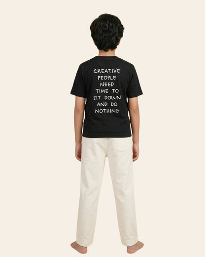 Black Premium Cotton Typographic Printed T-Shirt with Off-White Pyjama for Boys