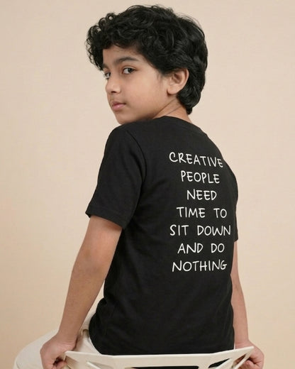 Black Premium Cotton Typographic Printed T-Shirt with Off-White Pyjama for Boys