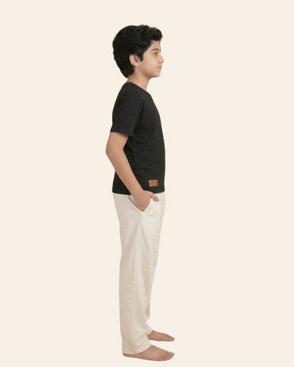 Black Premium Cotton Typographic Printed T-Shirt with Off-White Pyjama for Boys
