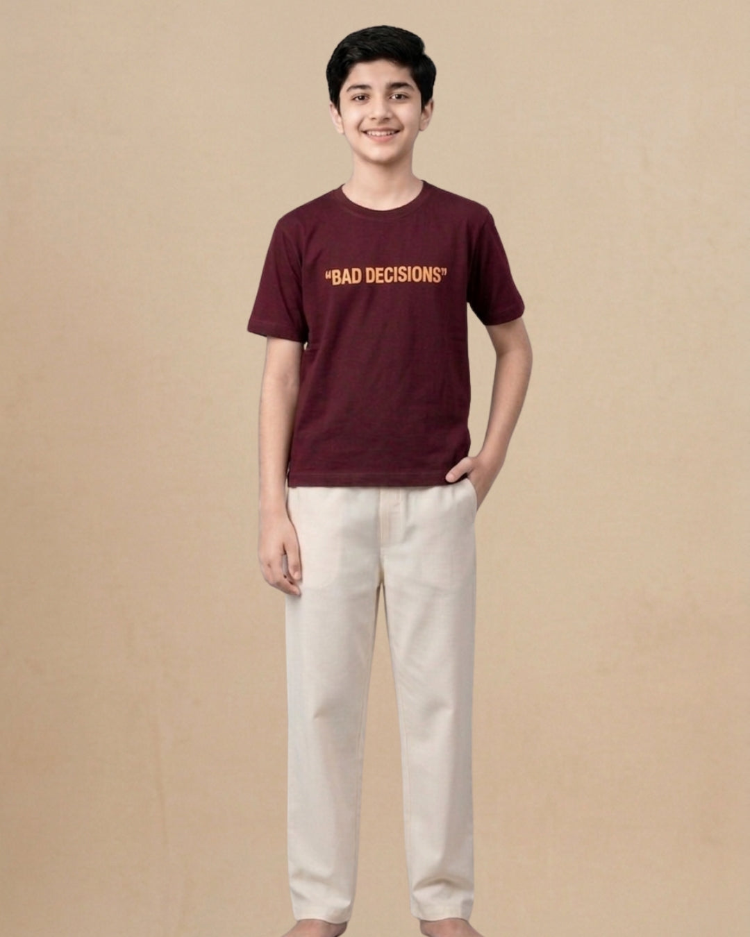 Marron Premium Cotton Typographic Printed T-Shirt with Off-White Pyjama for Boys