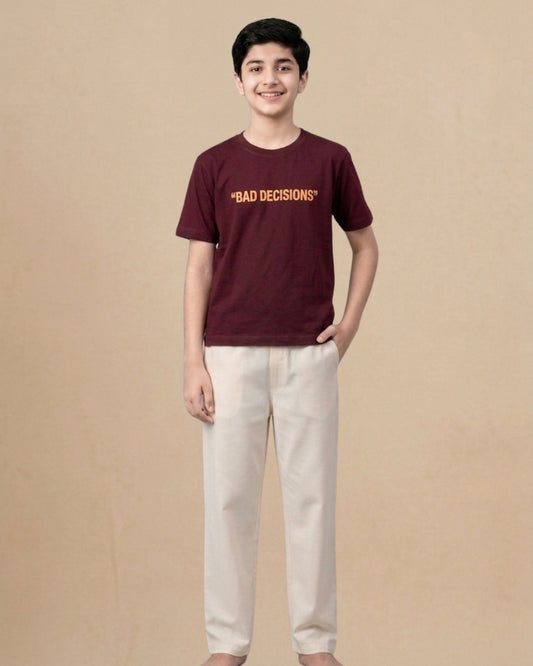 Marron Premium Cotton Typographic Printed T-Shirt with Off-White Pyjama for Boys