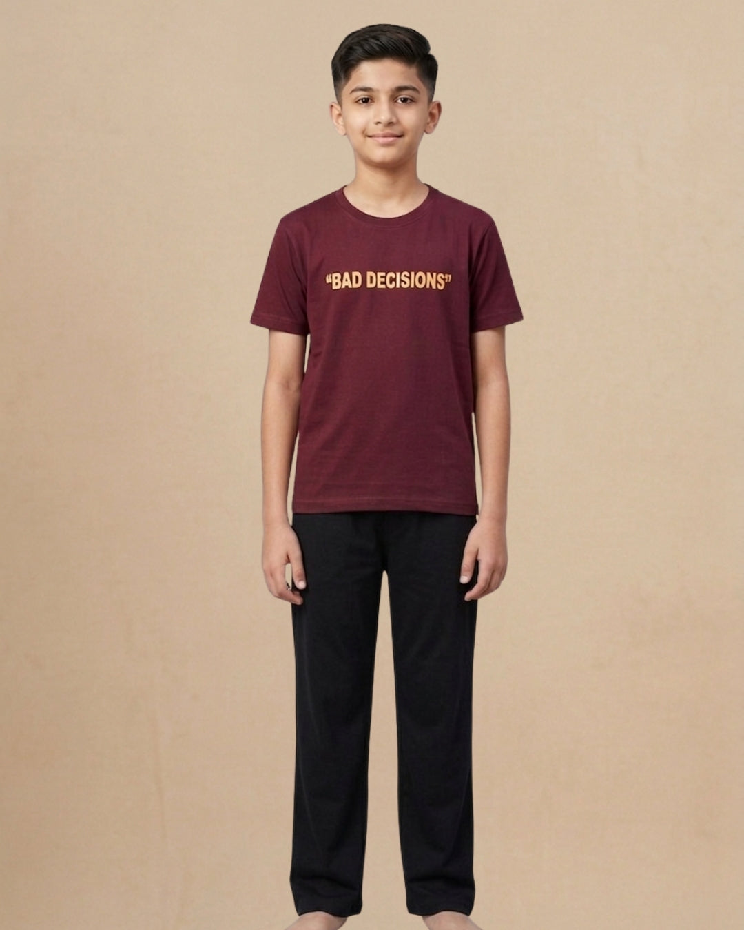 Marron Premium Cotton Typographic Printed T-Shirt with Black Pyjama for Boys