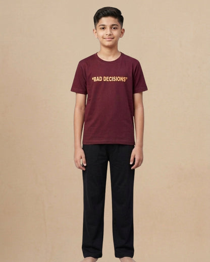 Marron Premium Cotton Typographic Printed T-Shirt with Black Pyjama for Boys