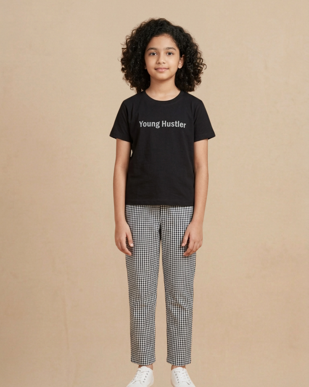 Black Typographic Printed Tee With Checks Pyjama