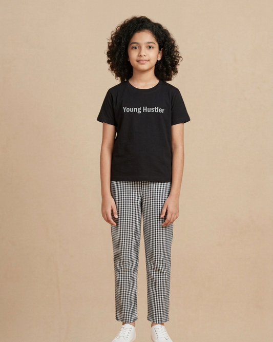 Black Typographic Printed Tee With Checks Pyjama
