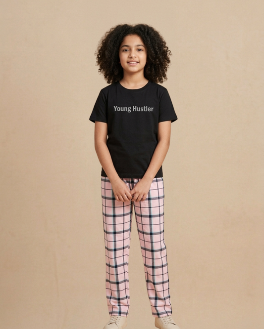 Black Young Hustler Tee With Pink Checks Pyjama