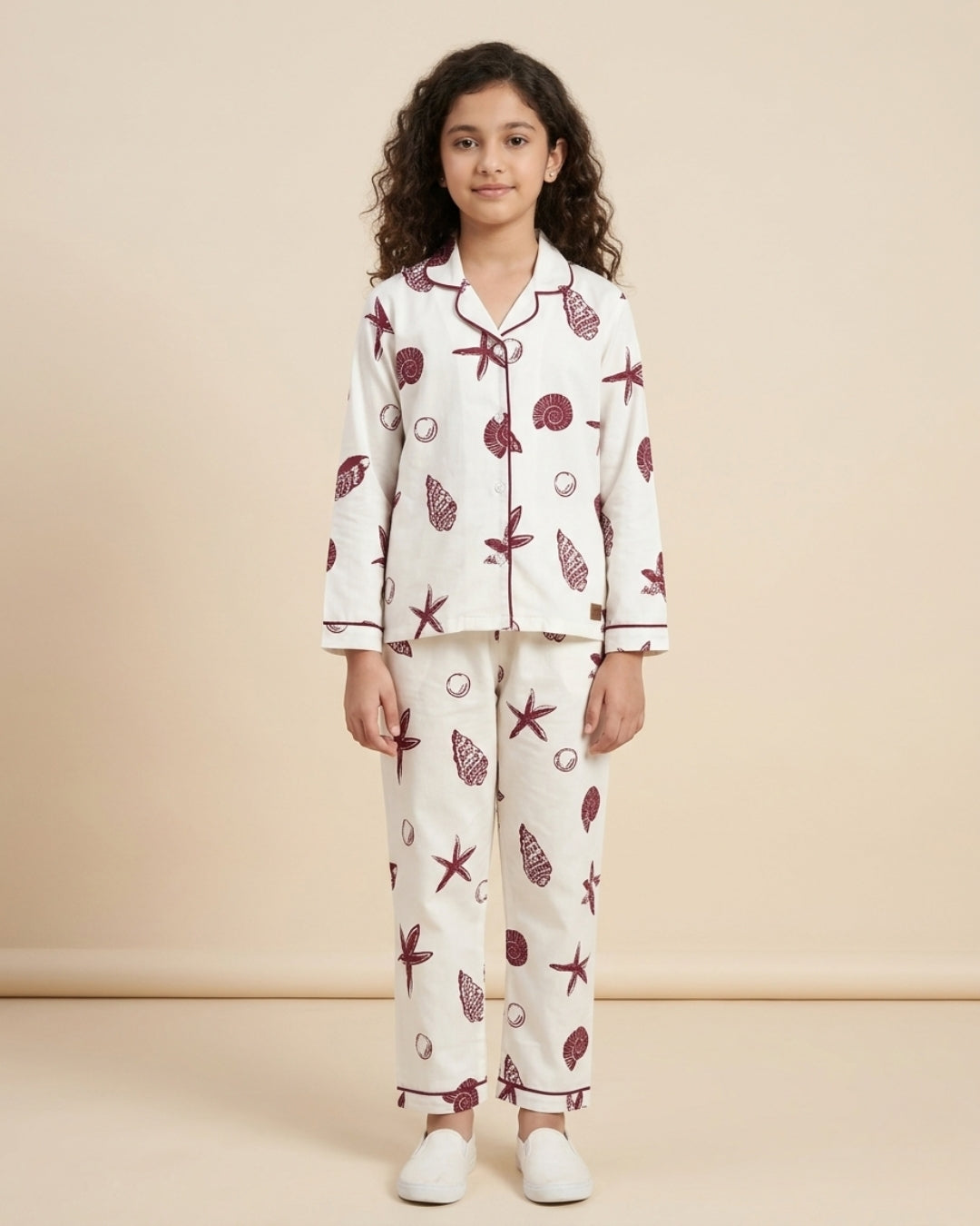 Off White Pure Cotton Printed Full Sleeves Collar Night Suit for Girls
