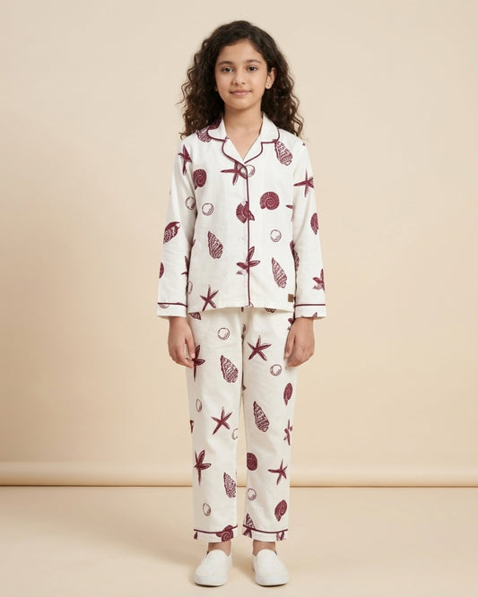 Off White Pure Cotton Printed Full Sleeves Collar Night Suit for Girls