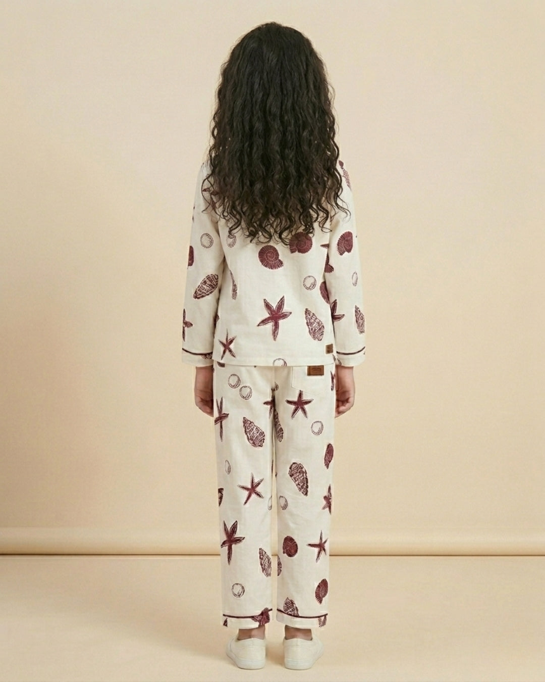 Off White Pure Cotton Printed Full Sleeves Collar Night Suit for Girls