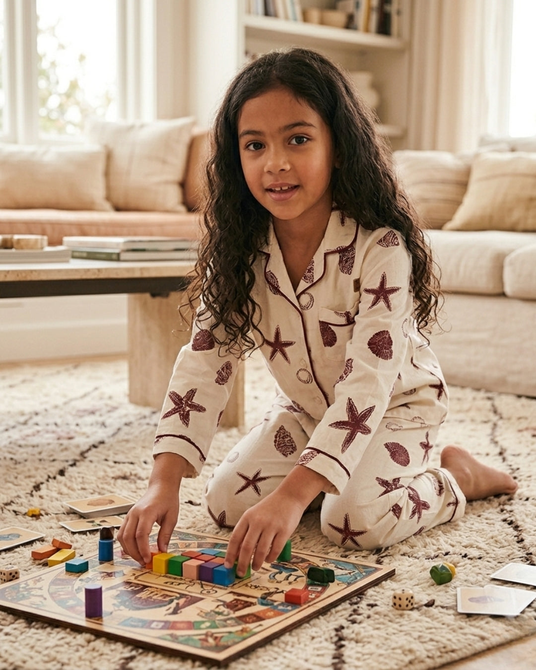Off White Pure Cotton Printed Full Sleeves Collar Night Suit for Girls