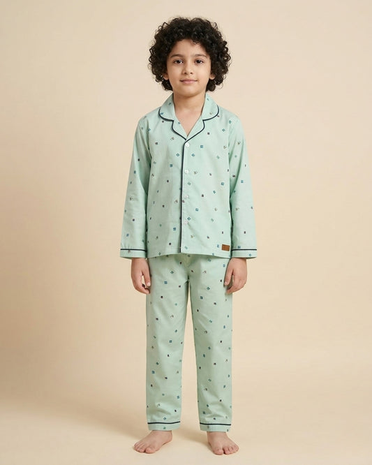 Sea Green Pure Cotton Printed Full Sleeves Collar Night Suit for Kids
