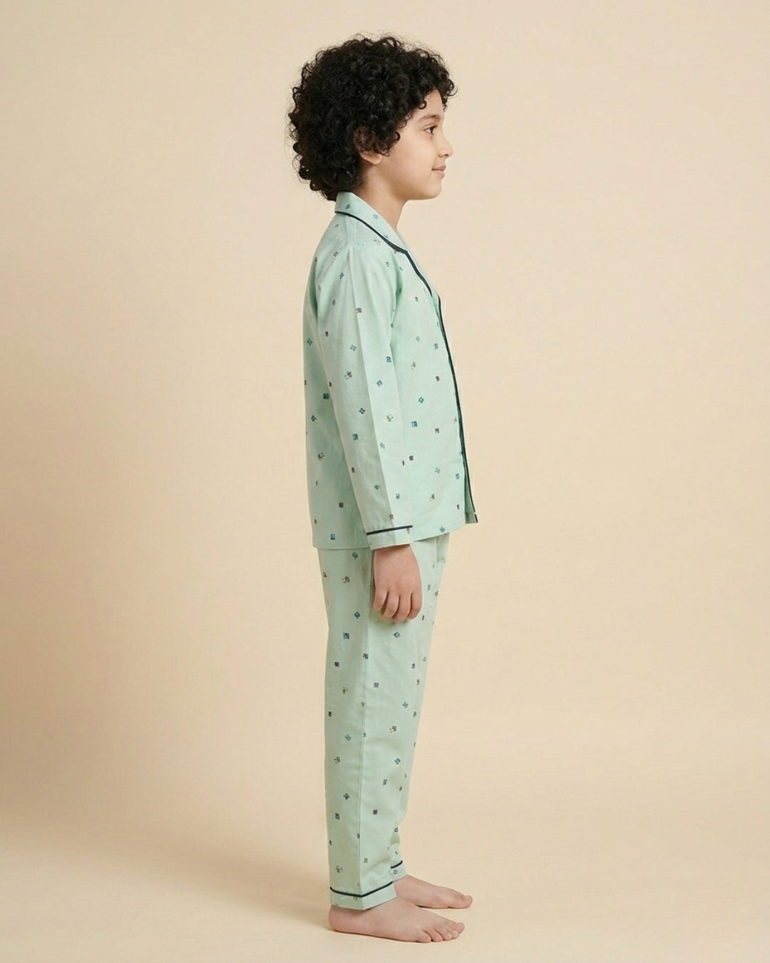 Sea Green Pure Cotton Printed Full Sleeves Collar Night Suit for Kids