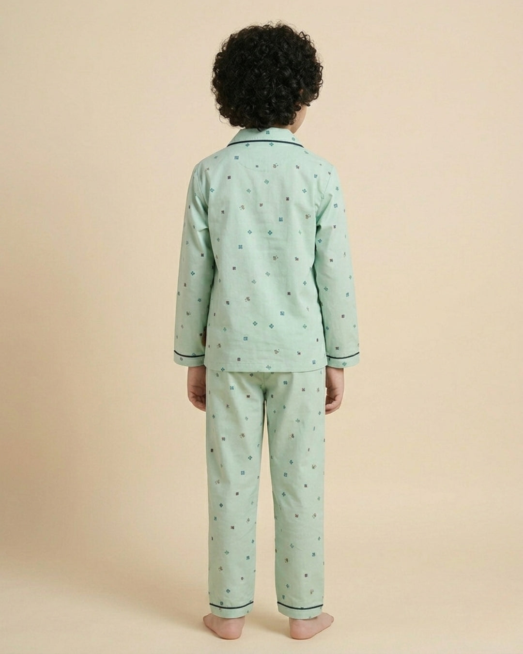 Sea Green Pure Cotton Printed Full Sleeves Collar Night Suit for Kids