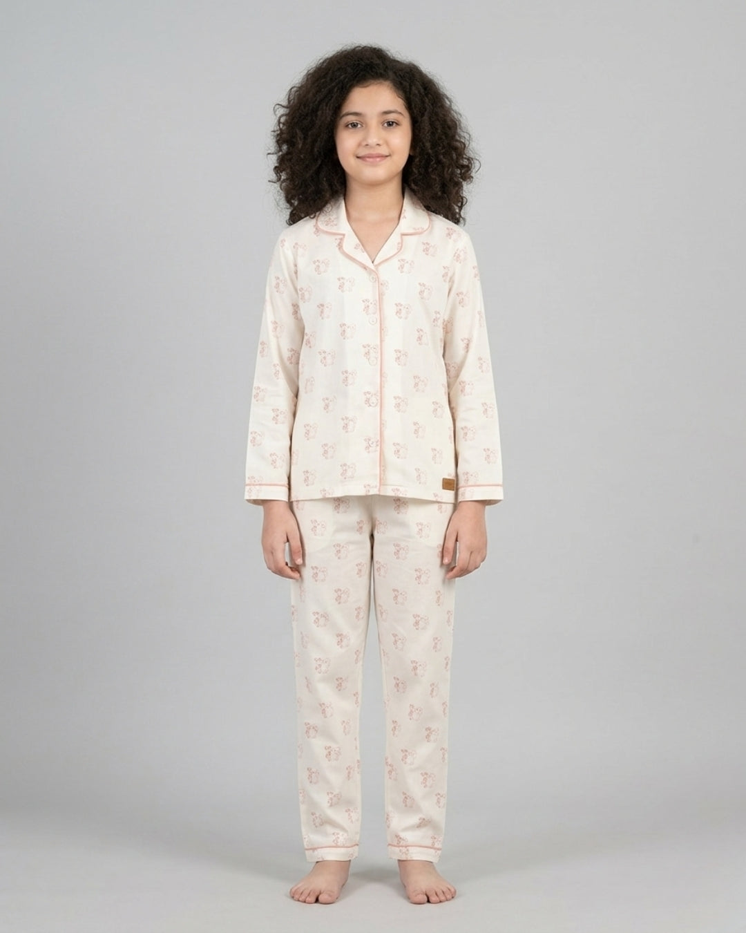 Off White Pure Cotton Printed Full Sleeves Collar Night Suit for Girls