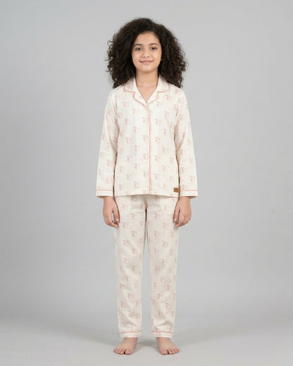 Off White Pure Cotton Printed Full Sleeves Collar Night Suit for Girls