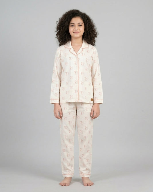 Off White Pure Cotton Printed Full Sleeves Collar Night Suit for Girls