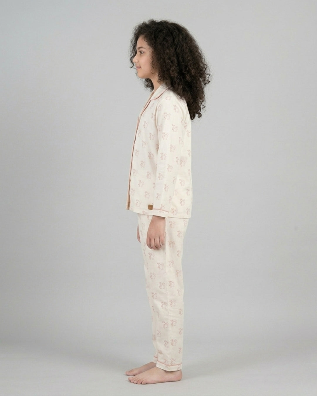 Off White Pure Cotton Printed Full Sleeves Collar Night Suit for Girls
