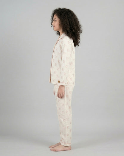 Off White Pure Cotton Printed Full Sleeves Collar Night Suit for Girls