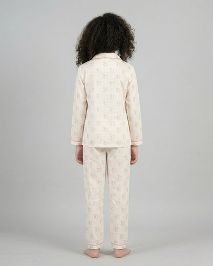 Off White Pure Cotton Printed Full Sleeves Collar Night Suit for Girls
