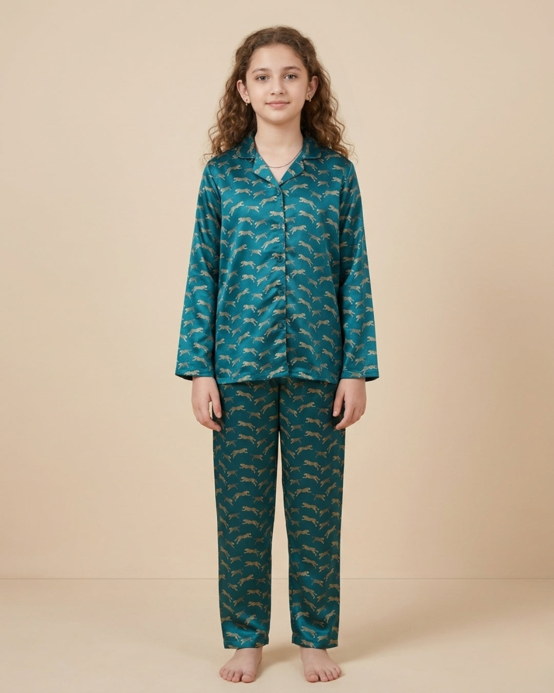 Blue Satin Printed Full Sleeves Collar Night Suit for Girls