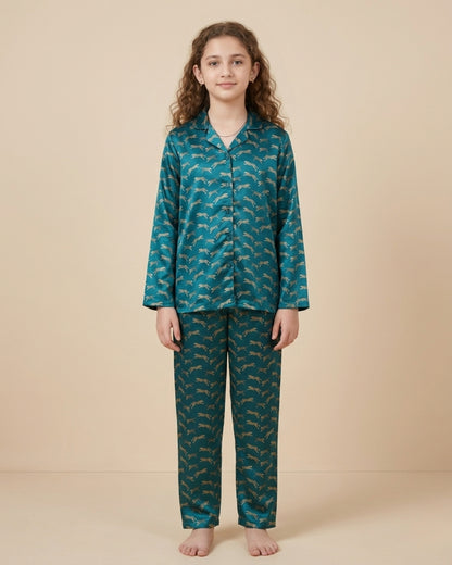 Blue Satin Printed Full Sleeves Collar Night Suit for Girls