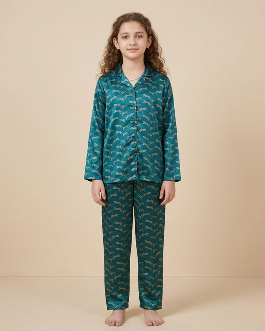 Blue Satin Printed Full Sleeves Collar Night Suit for Girls