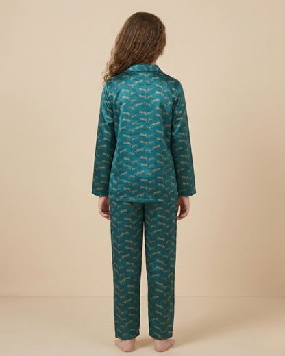 Blue Satin Printed Full Sleeves Collar Night Suit for Girls