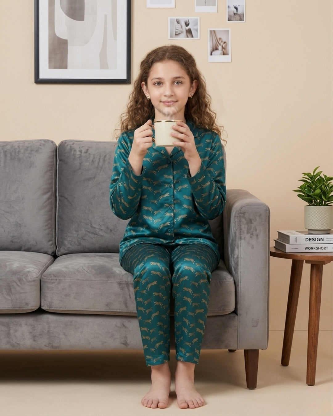 Blue Satin Printed Full Sleeves Collar Night Suit for Girls
