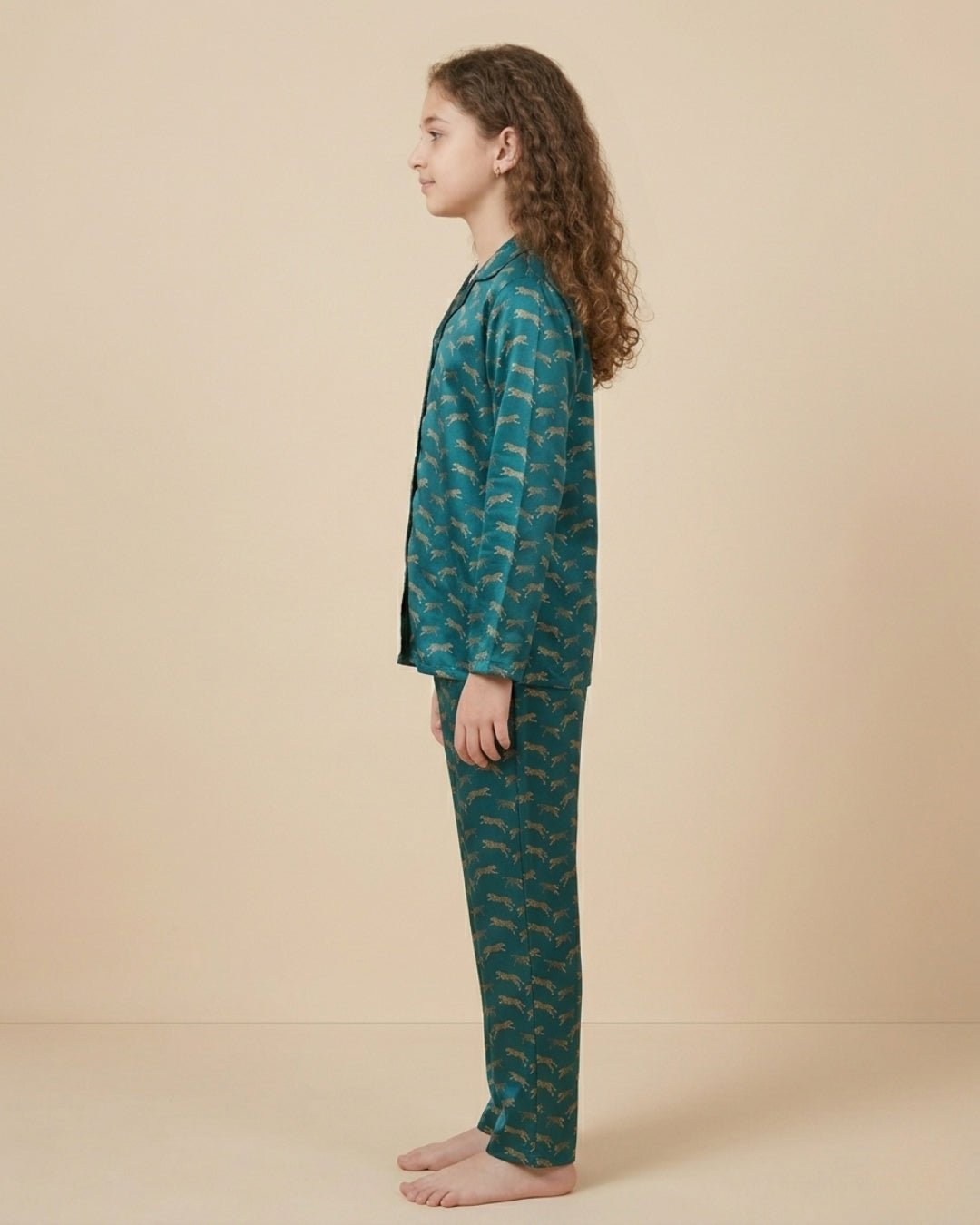 Blue Satin Printed Full Sleeves Collar Night Suit for Girls