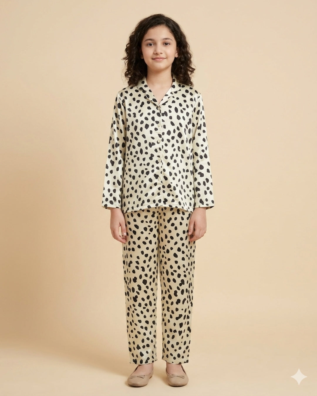 Off White Satin Printed Full Sleeves Collar Night Suit for Girls