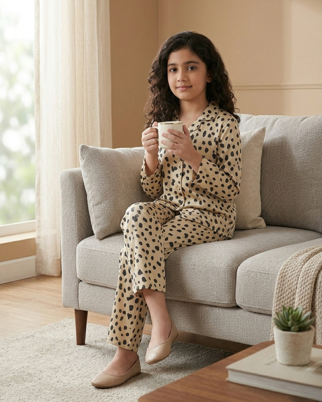 Off White Satin Printed Full Sleeves Collar Night Suit for Girls